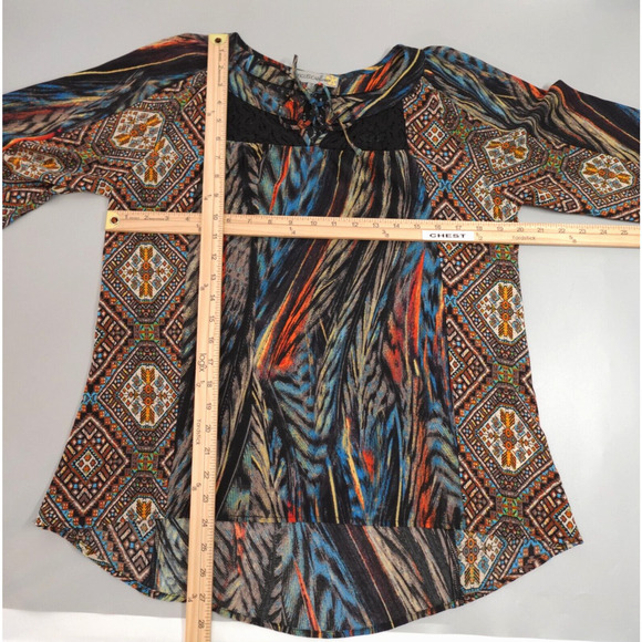 Womens Peasant Top Small Brown Tribal Aztec Lace Detailed Prairie Boho Chic - Picture 12 of 16